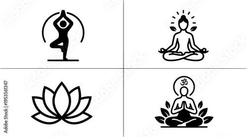 Yoga icons with lotus flower and meditation poses