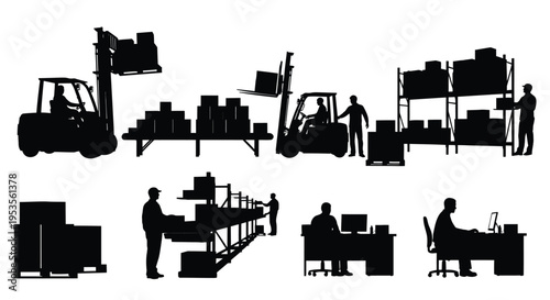 Detailed vector graphic illustration showing different warehouse workers performing logistics and industrial tasks