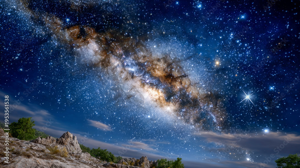 Fototapeta premium Stunning view of a vibrant galaxy illuminating the night sky above rugged cliffs and lush greenery under a cosmic canvas filled with twinkling stars