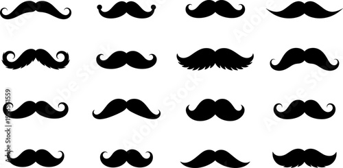 Mustache styles collection flat vector illustration, vintage facial hair icons set, barber grooming symbols, hipster retro design elements pack