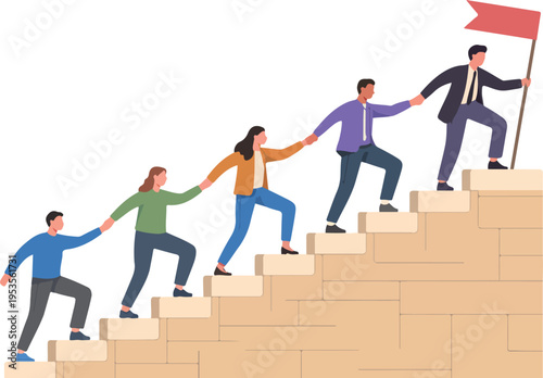 Business team helping each other climb stone stairs toward success with leader holding flag flat vector illustration.