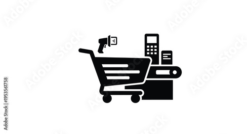 Black vector graphic illustration representing retail checkout process with scanner and shopping cart items