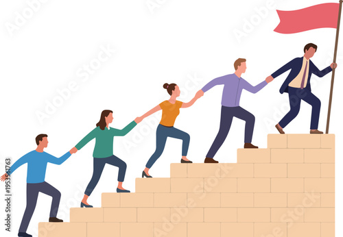 Business team helping each other climb stone stairs toward success with leader holding flag flat vector illustration.