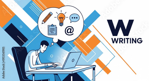 Writer at Desk with Thought Bubble - Idea Generation and Content Creation.