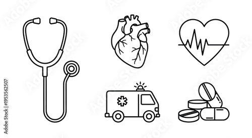 Medical symbols including a stethoscope heart ambulance and pills