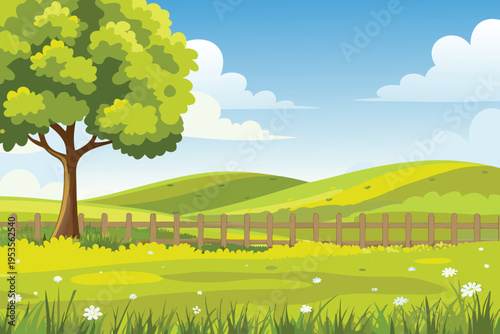 A vibrant green landscape with a tree and fluffy clouds