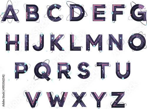 Futuristic tech alphabet with neon geometric letters, modern digital typography font for sci fi design and cyber style vector illustration