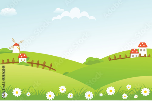 Cartoon landscape with windmill houses and rolling green hills