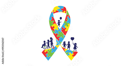 A colorful puzzle ribbon symbolizes autism awareness with children playing
