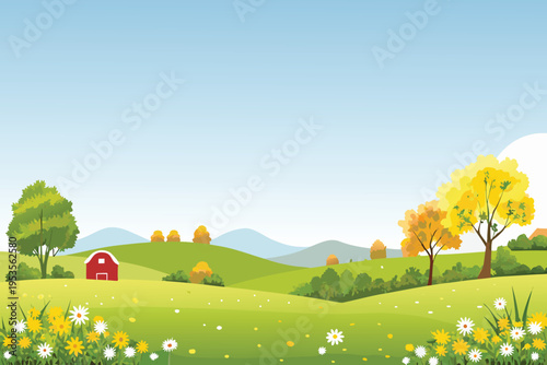 Peaceful countryside scene with a red barn and rolling hills