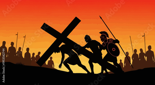 Silhouette of Jesus carrying the cross with Roman soldiers.