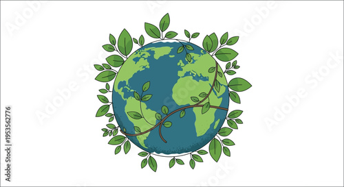 A green earth illustration surrounded by leaves and delicate vine tendrils