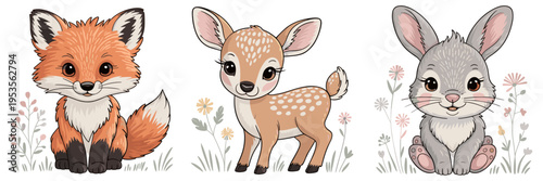 Adorable woodland baby animal icon set – Perfect for nursery wall art, children's clothing prints, or baby shower invites.