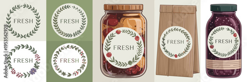 Organic herb and berry wreath badge set – Ideal for handmade soap labels, herbal tea packaging, or artisanal food logos.