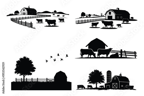 Black and white farm scenes with barns and cows silhouettes