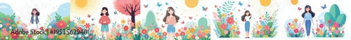 vector of a woman standing happily with a background of blooming flowers