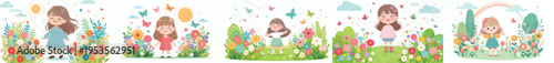 vector of a little girl standing happily with a background of blooming flowers