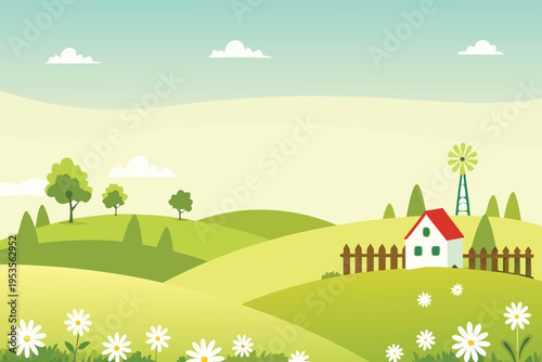 A charming countryside scene with a small white house and windmill