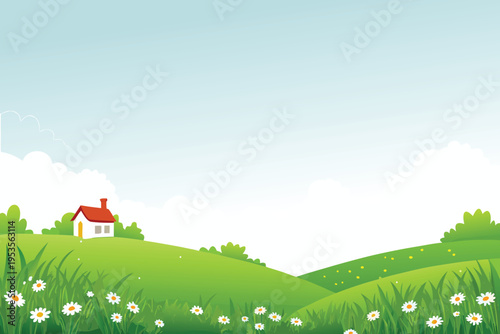 A charming countryside scene with a small house and green hills