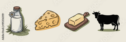 Soft hand-drawn dairy product illustrations – Great for natural food branding, grocery store signage, or healthy eating guides.