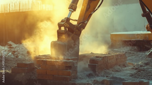 A construction excavator arm breaks down a brick wall, surrounded by dust and debris in a sunset-lit site.
