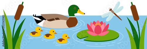 Simple pond animal and plant icons – Great for preschool learning assets, nature trail guides, or aquatic ecosystem diagrams.