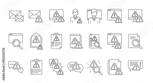 Collection of line art icons showing various objects and actions in a light grey vector style.
