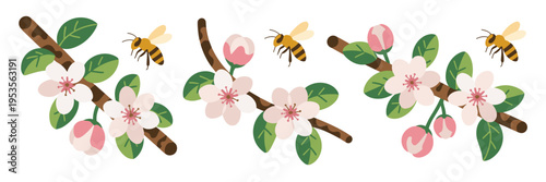 Minimalist apple blossom and honeybee illustrations – Suitable for sustainable farming visuals, spring festivals, or organic jam labels.