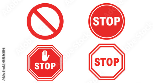 Multiple stop signs in a traffic scene featuring red octagonal shapes and road safety elements.