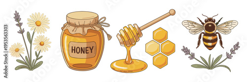 Golden honey jar and bee vector icons – Ideal for rustic branding.
