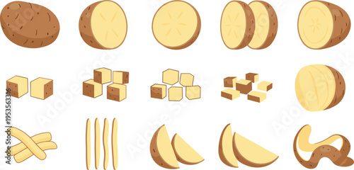 Potato Cuts and Shapes Vector Illustration Set with Whole, Sliced, Cubed, Wedges, Fries, and Raw Vegetable Preparation Collection