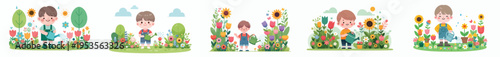 vector of a happy little boy standing watering flowers in the garden