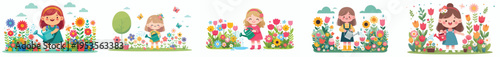 vector of a happy little girl standing watering flowers in the garden