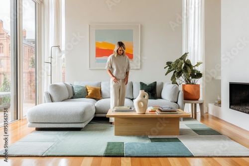 Modern Living Room Interior with Woman and Abstract Art
