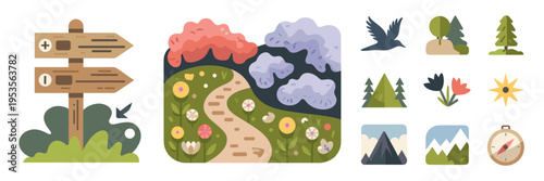 Nature trail and hiking icon set – Ideal for outdoor tourism apps.