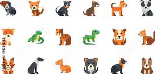 Cute Pet Animals Vector Illustration Set with Dogs, Cats, Lizards, and Small Domestic Wildlife Characters in Cartoon Style Collection
