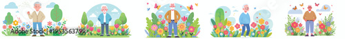 vector of a grandpa standing happily with a background of blooming flowers