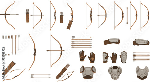 Medieval archer equipment set with bows arrows quivers armor gloves and protective gear isolated flat vector illustration collection
