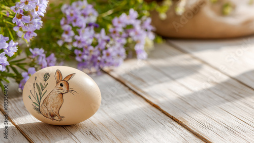 Decorative easter egg featuring a charming bunny design placed next to delicate purple flowers on a sunlit wooden table