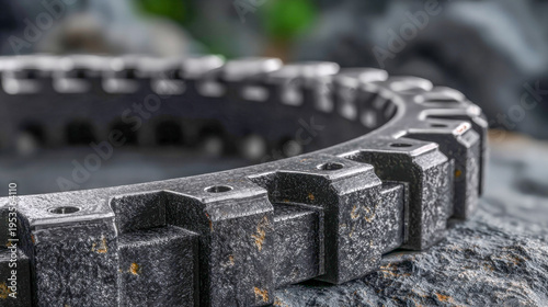Intricate metal ring resting on textured stones in a natural setting, showcasing industrial design and organic beauty combined harmoniously