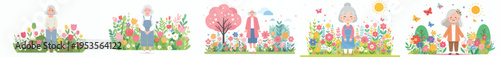 vector of a grandma standing happily with a background of blooming flowers