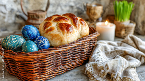 Freshly baked challah bread rests in a woven basket with colorful Easter eggs and a glowing candle in a cozy kitchen setting