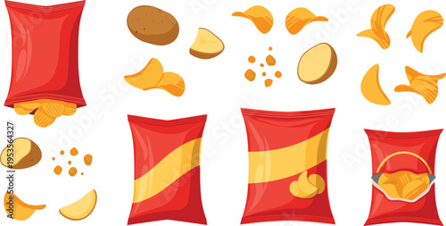Potato Chips Packaging and Snack Vector Illustration Set with Crisps, Bag Mockups, Sliced Potatoes, and Junk Food Design Collection