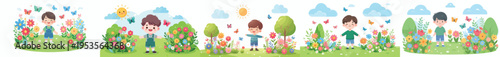 vector of a little boy standing happily with a background of blooming flowers