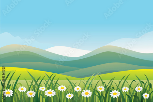 Serene landscape featuring rolling hills wildflowers and a bright sky