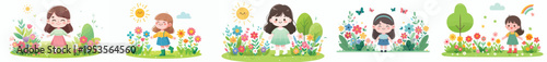 vector of a little girl standing happily with a background of blooming flowers