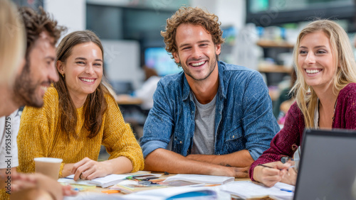 Joyful gathering of friends in a cozy study space sharing ideas and laughter while enjoying their time together in a warm and inviting atmosphere