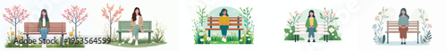 vector of a woman sitting together on a park bench during spring