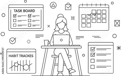 Productivity planning concept with woman using laptop, task board, calendar and habit tracker, time management outline vector illustration
