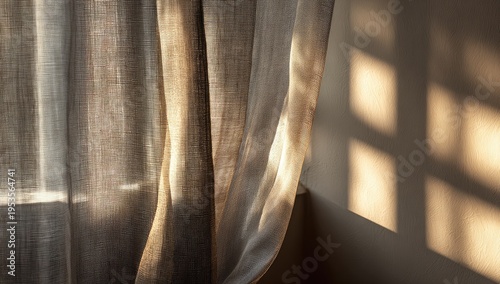 Sunlight streaming through sheer curtains casting geometric shadows on wall.